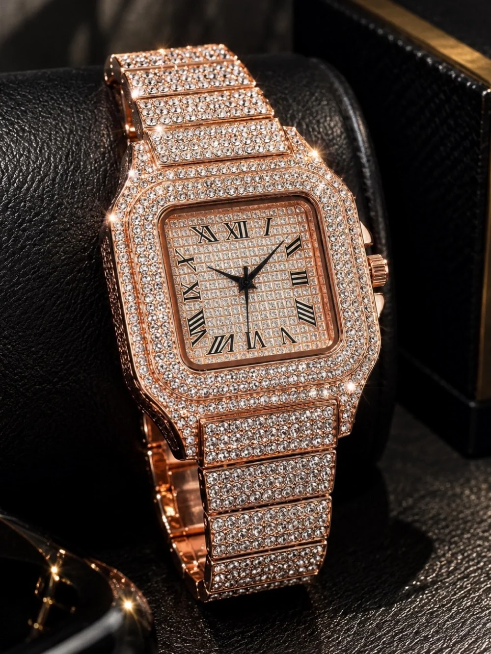 Rose Gold Iced Out Watch Simulated Diamond Bust Down Roman Numeral Hip Hop Bling